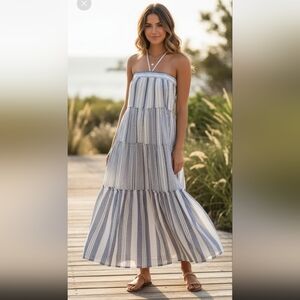 NWOT J CREW Linen Flounced Cover Up Beach Sun Strappy Maxi Dress* White Blue SzS